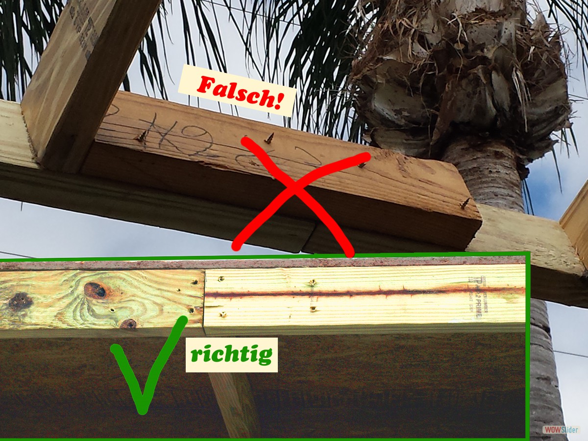 Die Verbindung zweier Balken darf nicht per "Fuß" passieren, sondern die Balken müssen am Querbalken zusammenstoßen